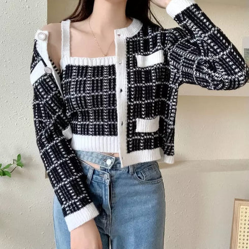 Elegant Plaid Round Neck Soft Knitted Cardigan Sweater with Tank Top Set